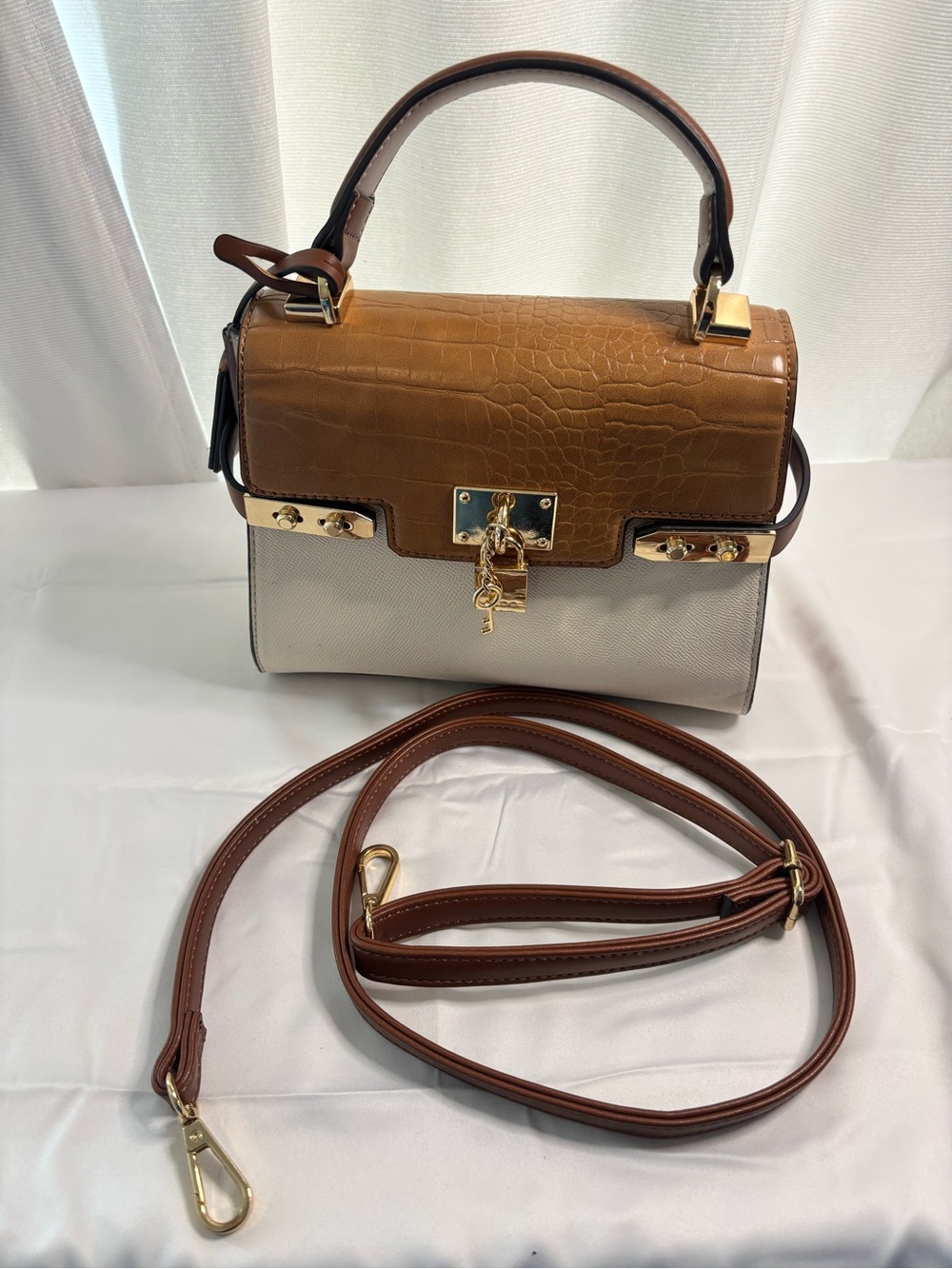Aldo Brown & Cream Croc-Texture Two Tone Top-Handle Satchel/crossbody